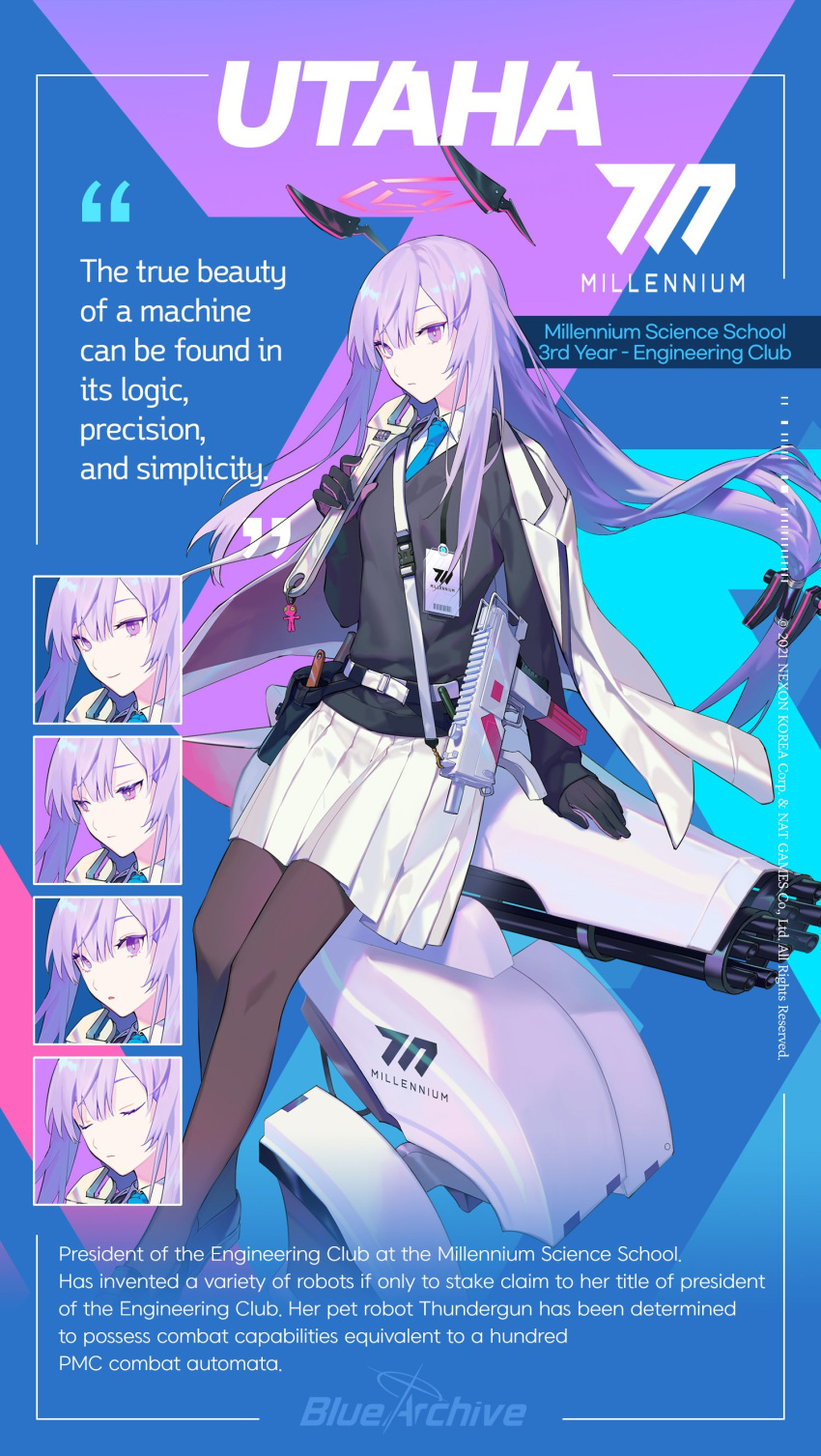 1girl absurdres blue_archive character_name character_sheet drone english_text floating floating_object full_body gun headgear highres jacket jacket_on_shoulders long_hair low-tied_long_hair mac-10 official_art pantyhose purple_hair school_uniform shoes skirt solo submachine_gun utaha_(blue_archive) very_long_hair violet_eyes weapon wrench yamakawa