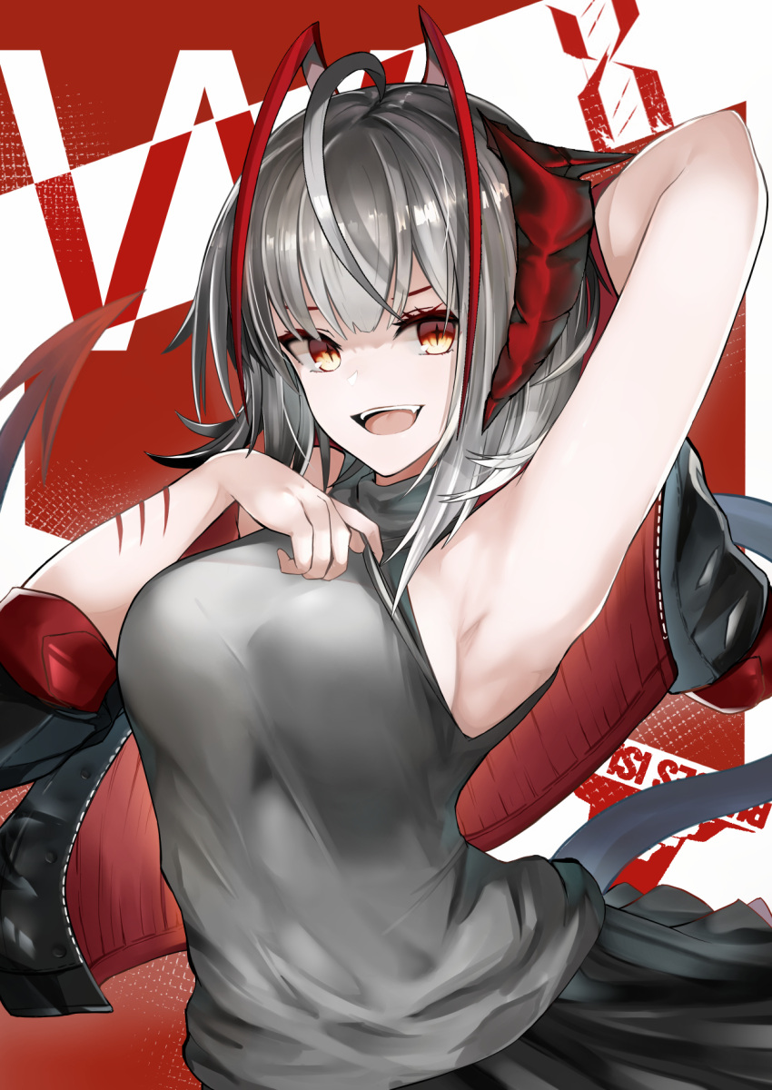 1girl :d ahoge akasabi antennae arknights arm_up armpits bangs bare_shoulders black_skirt breasts character_name commentary_request grey_hair grey_shirt highres horns large_breasts looking_at_viewer open_mouth orange_eyes reunion_logo_(arknights) shirt short_hair skirt sleeveless sleeveless_shirt smile solo tail upper_body w_(arknights)