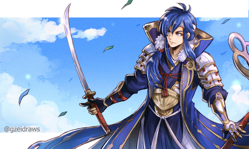 1boy arm_guards armor blue_eyes blue_hair blue_sky falling_leaves fire_emblem fire_emblem:_genealogy_of_the_holy_war fire_emblem_awakening gauntlets gzei headband highres holding holding_sword holding_weapon jacket japanese_armor katana leaf ponytail seliph_(fire_emblem) shoulder_armor sky smile sode solo sword weapon