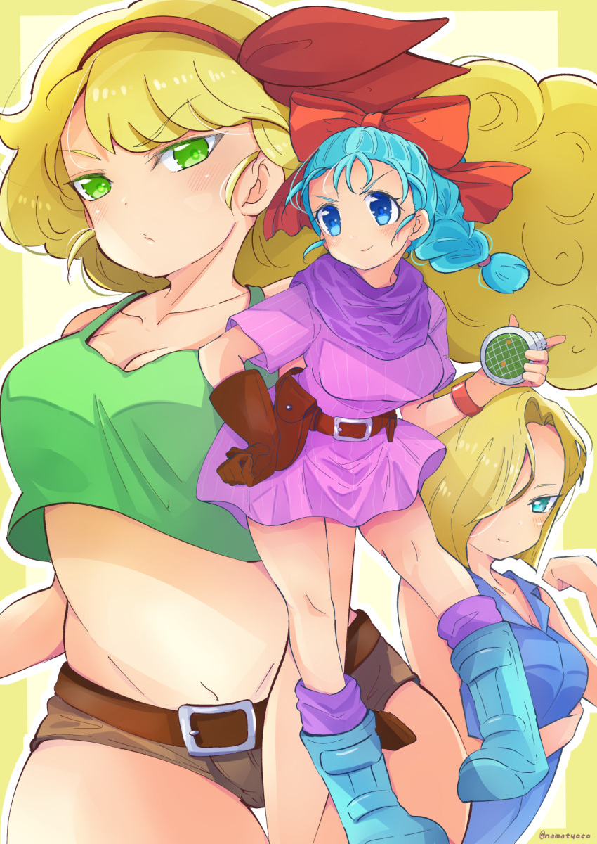 3girls android_18 aqua_eyes aqua_footwear aqua_hair belt black_belt black_gloves blonde_hair blue_eyes blue_shirt boots bow braid braided_ponytail breasts brown_shorts bulma closed_mouth collared_shirt cropped_shirt dragon_ball dragon_ball_(classic) dress frown glaring gloves green_eyes green_shirt hair_over_one_eye hair_pulled_back hair_ribbon hair_tie_in_mouth hand_on_hip highres holding holster leaning_forward long_hair looking_at_viewer looking_to_the_side lunch_(dragon_ball) medium_breasts micro_shorts midriff mouth_hold multiple_girls namatyoco navel open_mouth pink_dress purple_legwear red_bow red_ribbon ribbon shirt short_dress short_hair short_sleeves shorts single_braid smile socks standing standing_on_one_leg tank_top thigh_gap twitter_username