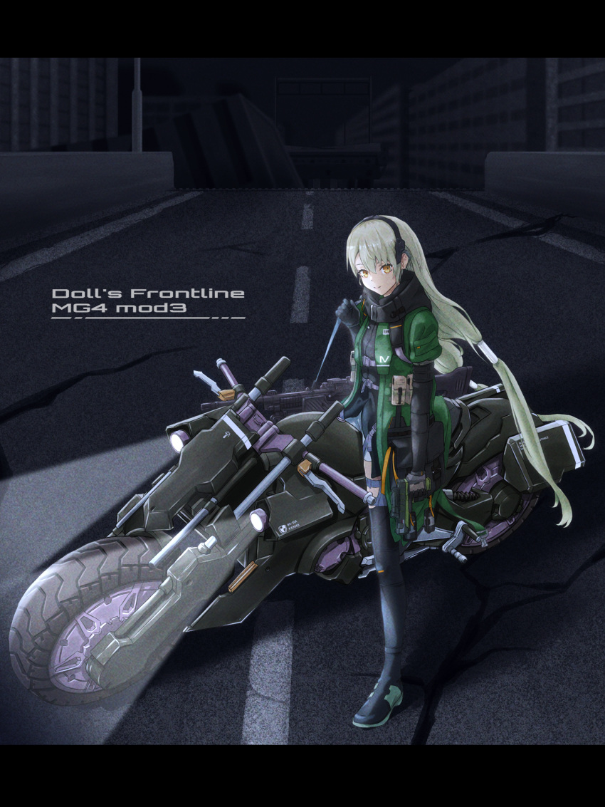 1girl bangs black_gloves black_hairband boots brown_eyes character_name character_request closed_mouth commentary copyright_name english_text eyebrows_visible_through_hair fingerless_gloves flatbox full_body girls_frontline gloves green_jacket grey_hair ground_vehicle gun h&amp;k_mg4 hairband handgun heavily_armed_high_school_girls highres holding holding_gun holding_weapon jacket long_hair long_sleeves looking_at_viewer machine_gun mg4_(girls'_frontline) mod3_(girls'_frontline) motor_vehicle motorcycle pistol road road_sign scenery sign sitting smile solo very_long_hair weapon