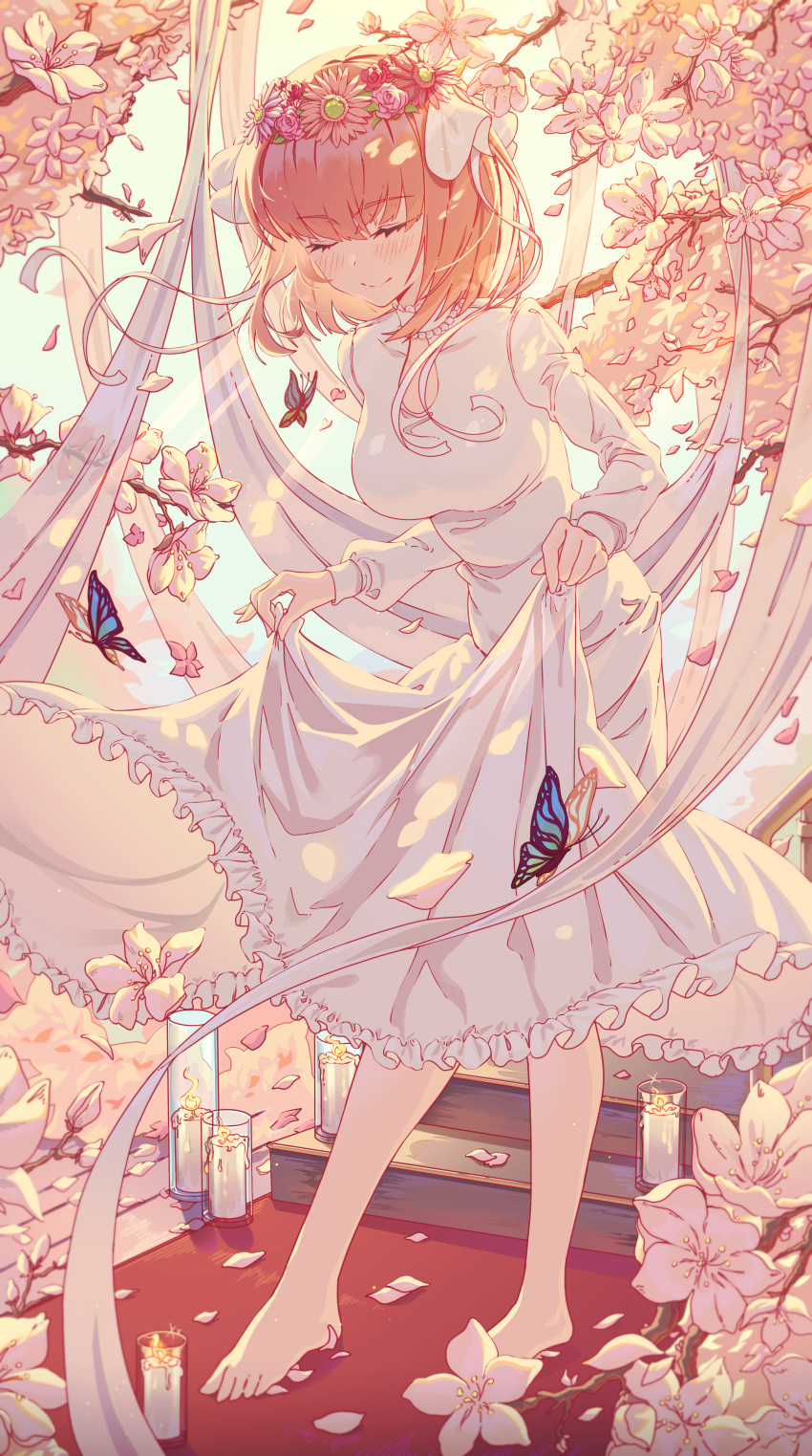 1girl absurdres bangs barefoot blunt_bangs blush bowing breasts bug butterfly butterfly_hair_ornament candle cherry_blossoms closed_eyes clothes_lift collar dress frilled_collar frilled_dress frills go-toubun_no_hanayome hair_ornament head_wreath highres large_breasts light_rays nakano_nino petals pink_hair red_carpet ribbon skirt skirt_lift smile stairs sunlight twintails white_dress white_ribbon yozora_(1wkdgusdn)