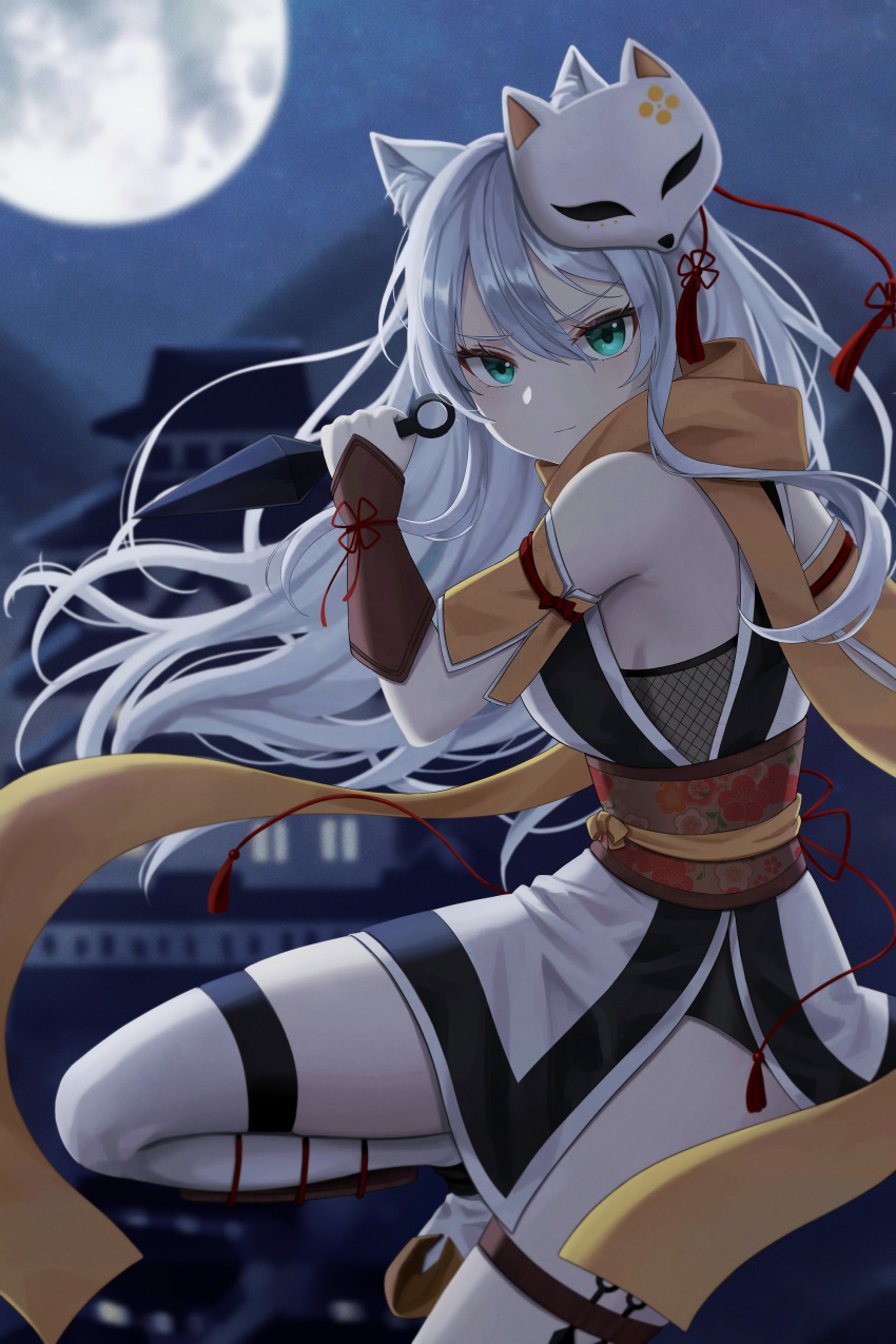 1girl absurdres animal_ears bare_shoulders breasts closed_mouth detached_sleeves fox_ears fox_mask full_moon highres holding holding_weapon japanese_clothes kunai mask mask_on_head moon night ninja obi original outdoors pul_(gks569) sash scarf solo tassel thigh-highs v-shaped_eyebrows weapon white_legwear