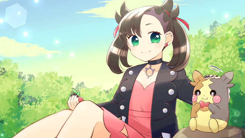 1girl bangs berry_(pokemon) brown_hair bush choker collarbone dress earrings eyebrows_visible_through_hair flat_chest food fruit green_hair hair_flaps hair_ribbon highres holding holding_food holding_fruit jacket jewelry knees_up leppa_berry looking_at_another marnie_(pokemon) medium_hair mikona_honey morpeko outdoors petting pokemon pokemon_(creature) pokemon_(game) pokemon_swsh ribbon sitting sky smile studded_jacket twintails undercut