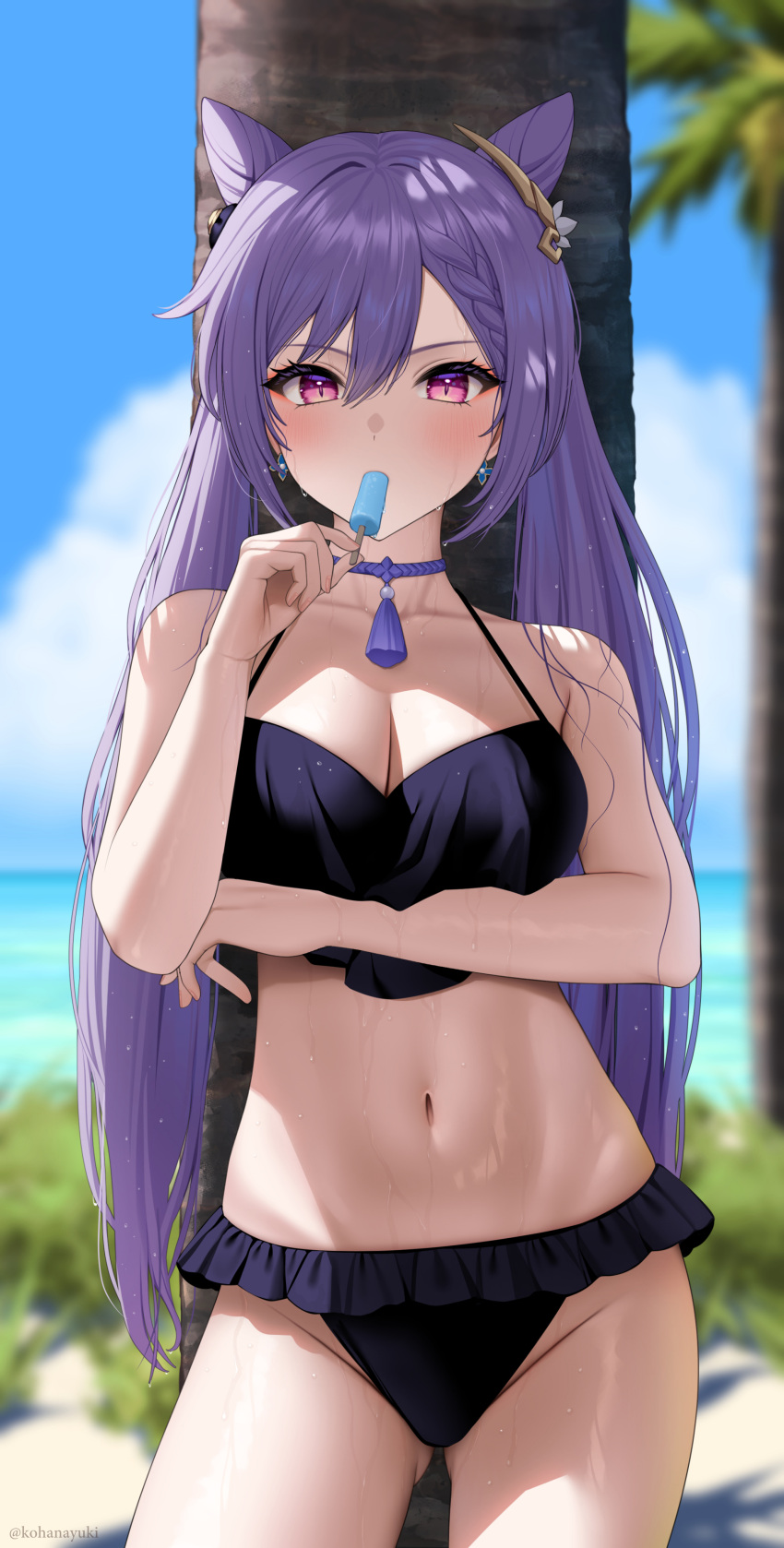 1girl absurdres arm_under_breasts bangs beach bikini black_bikini blue_sky blurry blurry_background blush braid breasts choker cone_hair_bun cowboy_shot day earrings food frilled_bikini frills genshin_impact groin hair_between_eyes hair_ornament highres holding holding_food jewelry keqing_(genshin_impact) kohanayuki long_hair looking_at_viewer medium_breasts navel outdoors palm_tree popsicle popsicle_in_mouth purple_choker purple_hair sky solo standing stomach swimsuit tassel tassel_choker tree twintails violet_eyes water wet wet_hair