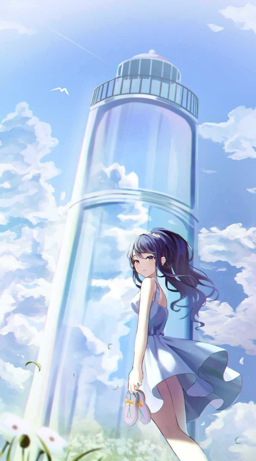 1girl absurdres bare_arms bare_shoulders blue_sky blush breasts closed_mouth clouds cloudy_sky commentary_request day dress flower frills from_side high_ponytail highres hyonee long_hair looking_at_viewer looking_to_the_side medium_breasts outdoors ponytail project_sekai purple_hair sky sleeveless sleeveless_dress solo standing sundress tower violet_eyes white_bird white_dress white_flower