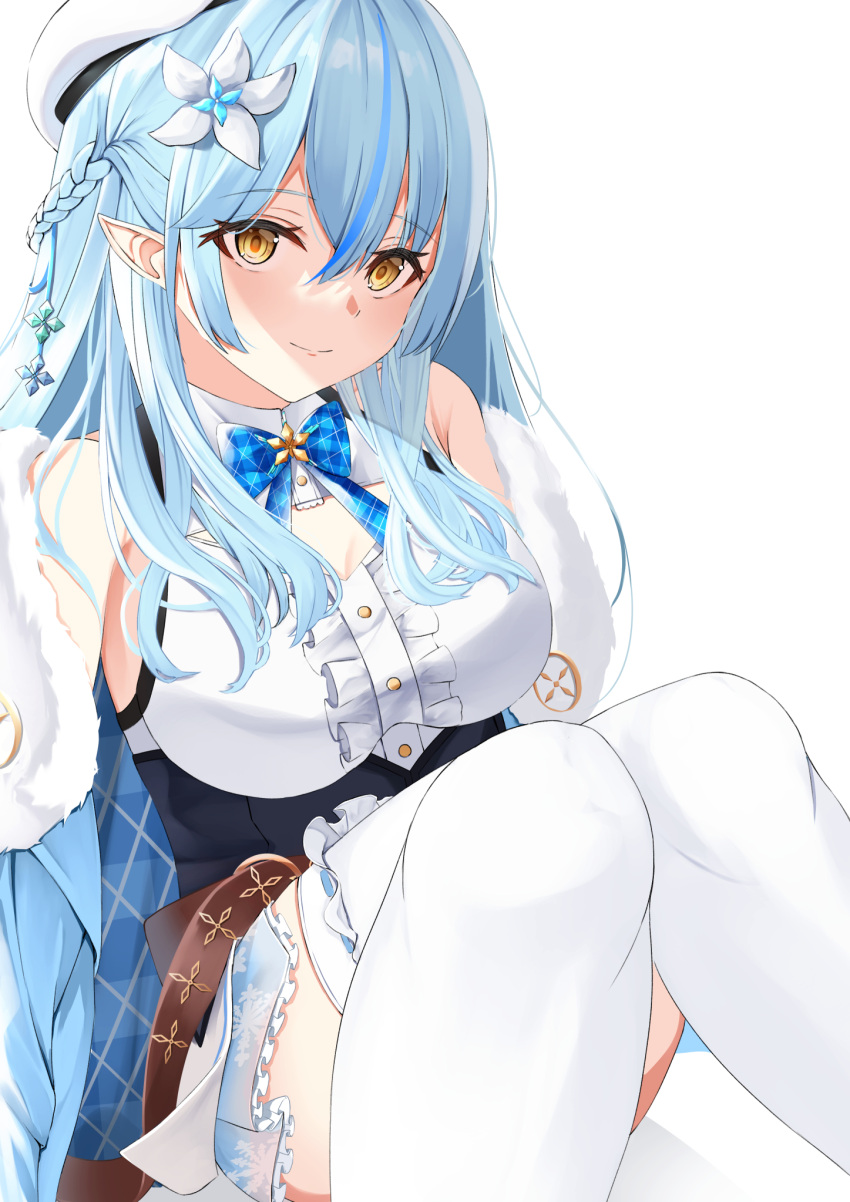 1girl bangs bare_shoulders blue_bow blue_hair blue_skirt bow breasts center_frills closed_mouth commentary_request eyebrows_visible_through_hair feet_out_of_frame frilled_skirt frills fur_trim hair_between_eyes highres hikashou hololive knees_together_feet_apart knees_up long_hair medium_breasts multicolored_hair plaid plaid_bow pleated_skirt pointy_ears print_skirt shirt sitting skirt sleeveless sleeveless_shirt smile snowflake_print solo streaked_hair thigh-highs virtual_youtuber white_background white_legwear white_shirt yellow_eyes yukihana_lamy