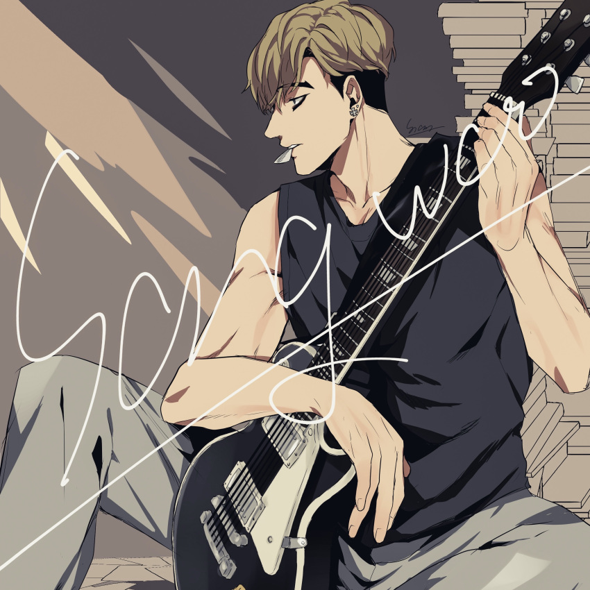 1boy absurdres bags_under_eyes black_skirt character_name ear_piercing guitar highres instrument killing_stalking looking_ahead male_focus mouth_hold muscular muscular_male oh_sangwoo on_ground piercing plectrum shirt skirt sleeveless sleeveless_shirt sono_(sononew) undercut