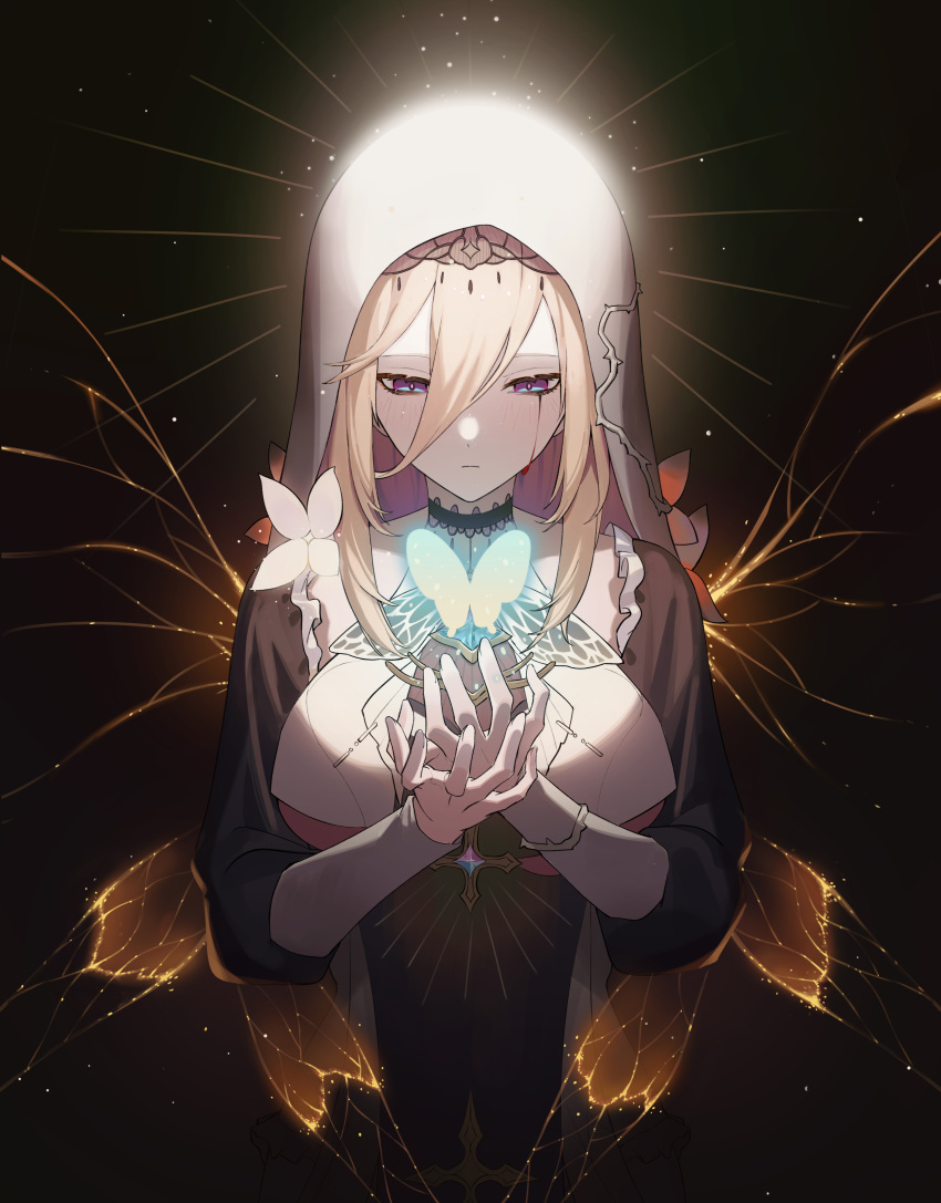 absurdres aponia_(honkai_impact) bangs black_background black_dress blonde_hair blood blood_from_eyes blue_butterfly blue_eyes blush breast_curtain breasts bug butterfly butterfly_wings choker closed_mouth cross dress glowing glowing_butterfly glowing_wings hair_between_eyes half-closed_eyes halo hands_up highres honkai_(series) honkai_impact_3rd krin large_breasts light_particles long_hair long_sleeves looking_at_hands looking_away looking_down own_hands_together solo under_boob veil w_arms wings