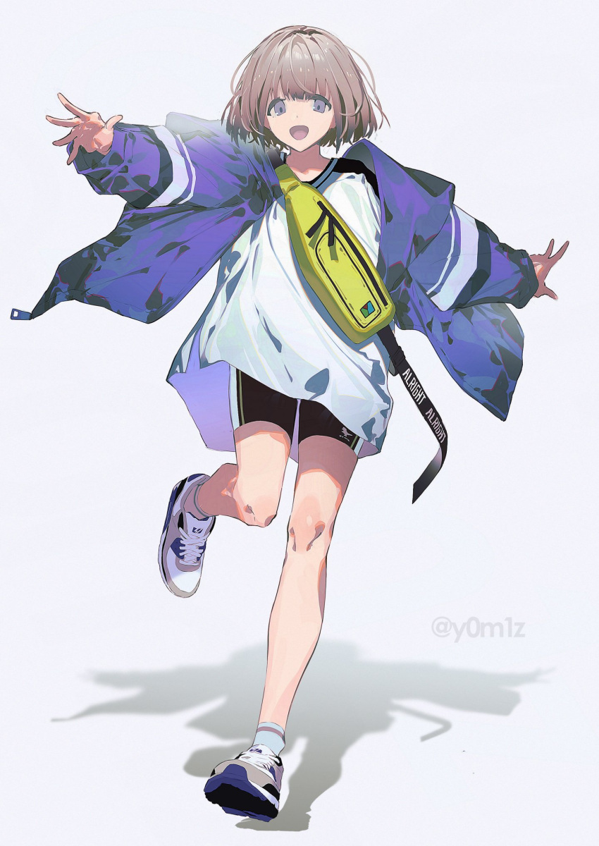 1girl :d bike_shorts fanny_pack full_body grey_hair highres idolmaster idolmaster_shiny_colors jacket leg_up looking_at_viewer open_clothes open_jacket outstretched_arms oversized_clothes oversized_shirt purple_jacket serizawa_asahi shadow shirt shoes short_hair simple_background smile sneakers solo white_background white_shirt yomizu