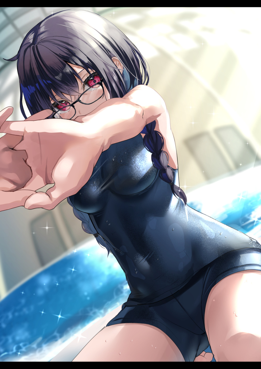 1girl absurdres bangs black_hair blue_swimsuit blurry blurry_background blush braid breasts eyebrows_visible_through_hair fou_(ssqseeker) glasses hair_between_eyes highres long_hair looking_at_viewer low_twintails medium_breasts original outstretched_arms poolside red_eyes school_swimsuit solo stretch swimsuit twin_braids twintails water wet
