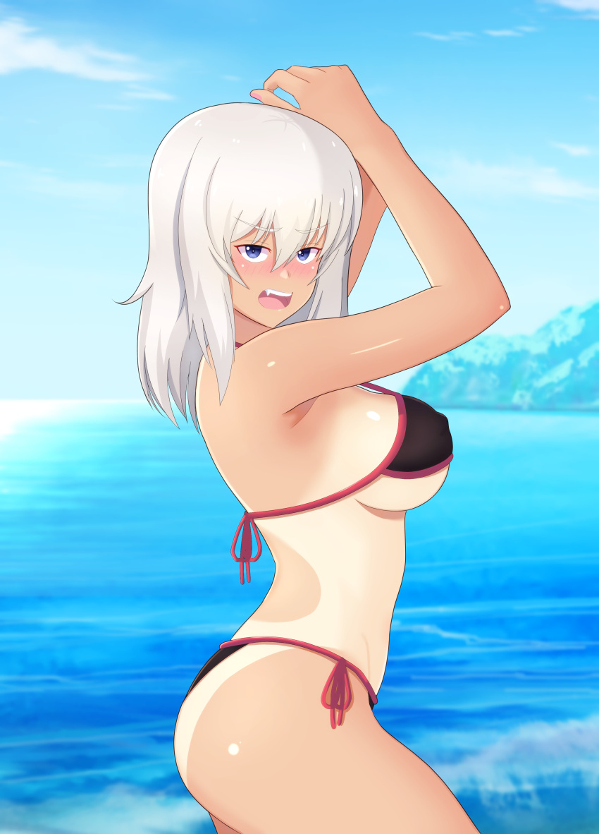 1girl absurdres arms_up bangs bikini black_bikini blue_eyes blue_sky blurry blurry_background blush breasts commentary cowboy_shot day depth_of_field eyebrows_visible_through_hair from_side frown girls_und_panzer grey_hair halterneck highres horizon iteza_(flapper_girl_25) itsumi_erika looking_at_viewer medium_breasts medium_hair ocean one-piece_tan open_mouth outdoors shore side-tie_bikini sky solo standing string_bikini swimsuit tan tanlines