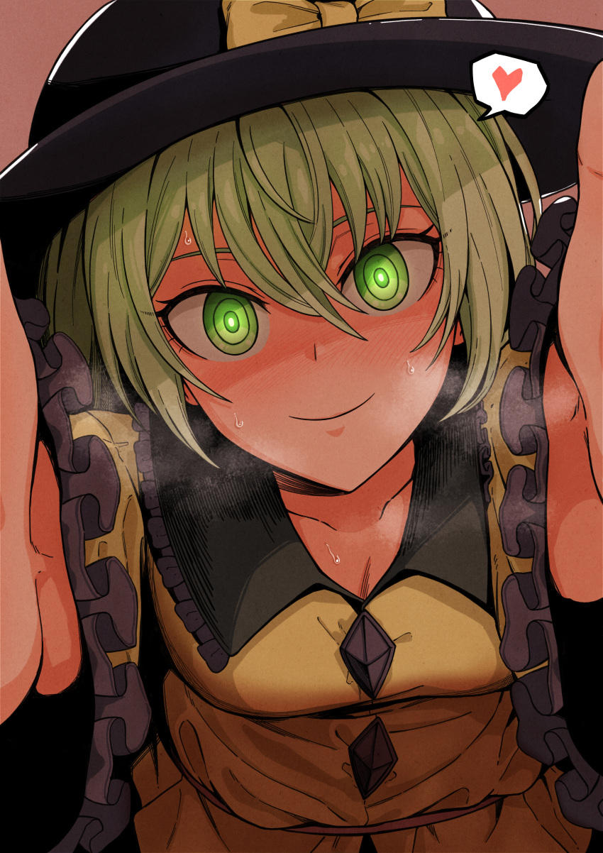 1girl absurdres bangs black_headwear bow closed_mouth ddok eyebrows_visible_through_hair glowing glowing_eyes green_eyes green_hair hat hat_bow heart highres komeiji_koishi looking_at_viewer pov short_hair smile solo spoken_heart steaming_body sweat touhou upper_body yellow_bow