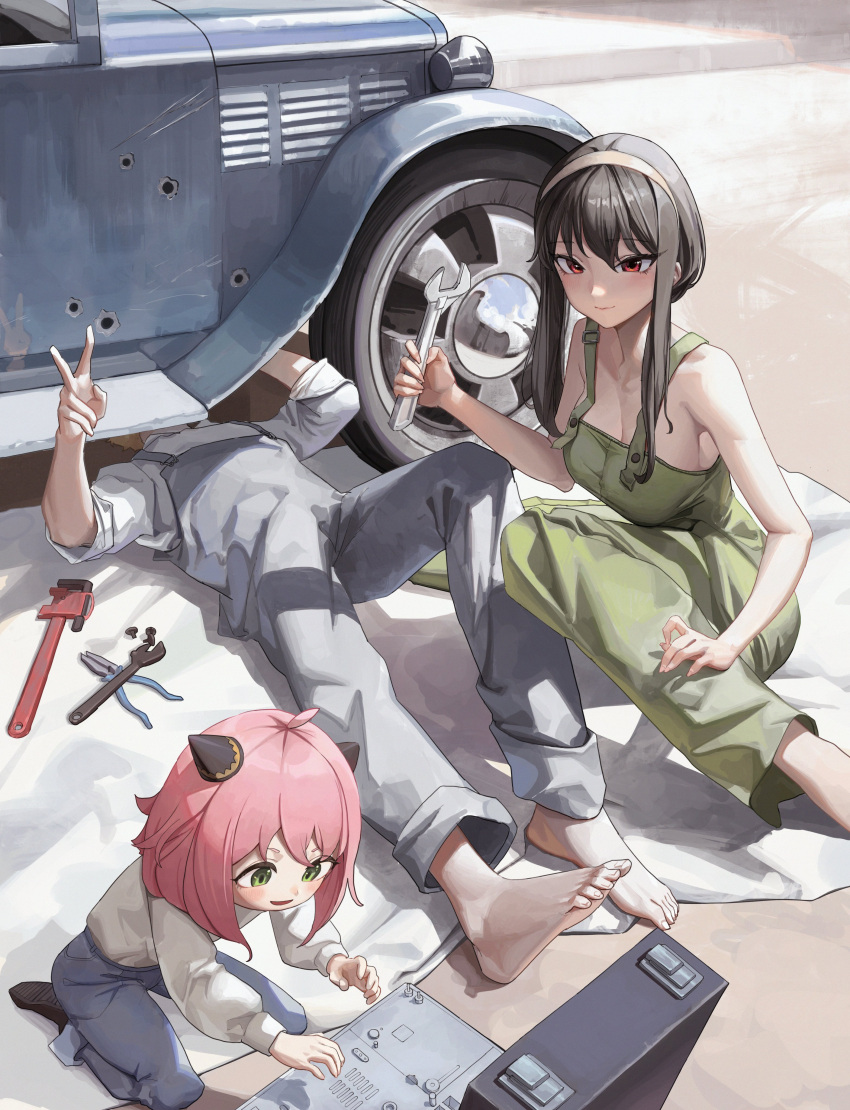 1boy 2girls absurdres alternate_costume anya_(spy_x_family) bangs bare_shoulders barefoot bingwei_huang blanket breasts car child green_eyes ground_vehicle hairband hairpods highres holding holding_wrench large_breasts long_hair looking_at_viewer lying medium_hair motor_vehicle multiple_girls on_back overalls pants pink_hair repairing shiny shiny_hair shirt shirt_tucked_in short_hair short_sleeves smile spy_x_family tools twilight_(spy_x_family) wheel wrench yor_briar