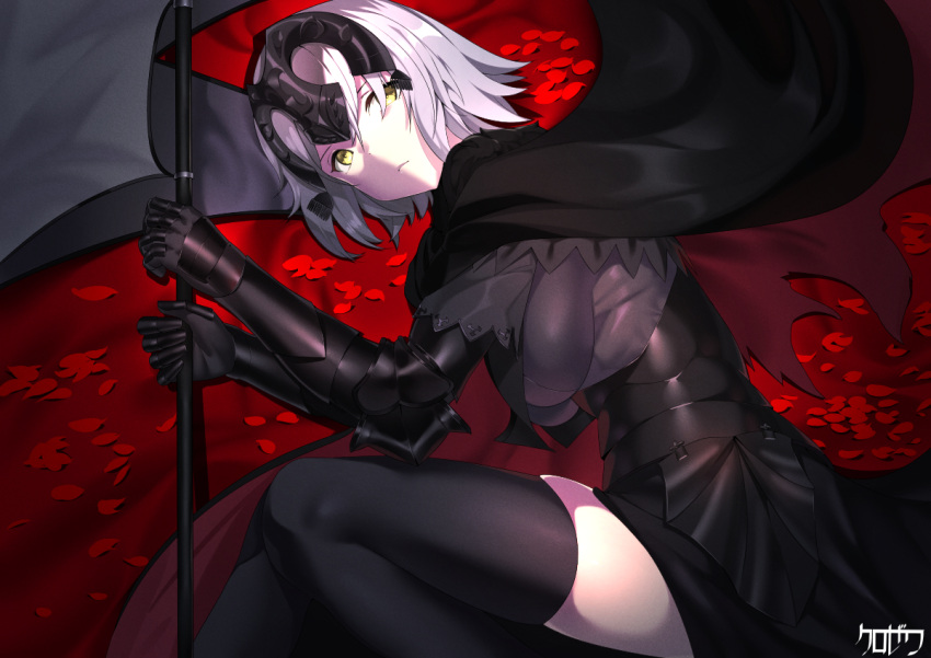 1girl armor black_armor black_cape black_legwear cape closed_mouth fate/grand_order fate_(series) flag frown grey_hair holding holding_flag jeanne_d'arc_(fate) jeanne_d'arc_alter_(fate) kurozawa_yui multicolored_cape multicolored_clothes petals red_cape short_hair skindentation solo thigh-highs torn torn_cape torn_clothes two-tone_cape yellow_eyes