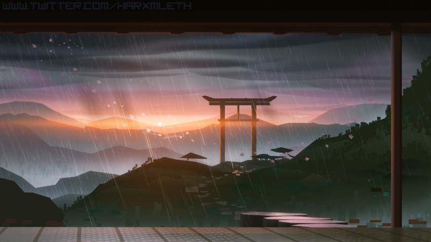 architecture clouds commentary east_asian_architecture english_commentary highres horizon mathias_leth mountain mountainous_horizon nature no_humans original outdoors rain scenery shrine sky sunset twilight web_address