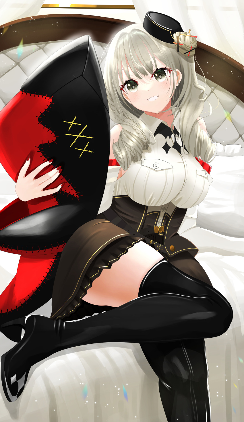 1girl absurdres azur_lane bangs bed black_footwear black_headwear black_skirt boots breasts drill_locks eyebrows_visible_through_hair feet_out_of_frame grey_eyes grey_hair hair_ornament high_heel_boots high_heels highres holding holding_toy large_breasts long_hair looking_at_viewer lutzow_(azur_lane) nail_polish on_bed open_mouth red_nails shirt sitting sitting_on_bed skirt smile solo teeth_hold thigh_boots toy tsuri_pi white_shirt