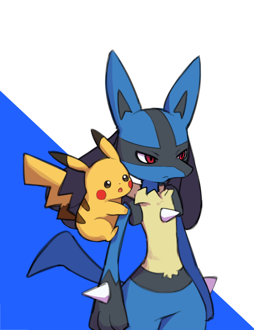 :o absurdres closed_mouth colaoud commentary_request furry hanging highres korean_commentary lucario pikachu pokemon pokemon_(creature) pokemon_on_arm red_eyes spikes two-tone_background yellow_fur