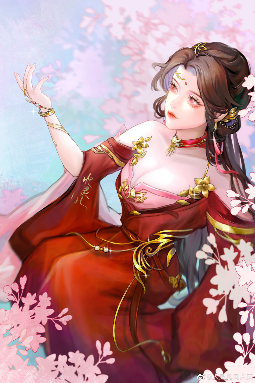 1girl absurdres bare_shoulders brown_hair cherry_blossoms chinese_clothes cleavage_cutout clothing_cutout dress facial_mark forehead_mark from_above hair_ornament highres huo_linger_(wanmei_shijie) huo_linger_tongren_she long_hair looking_up outstretched_hand red_dress sitting solo upper_body wanmei_shijie