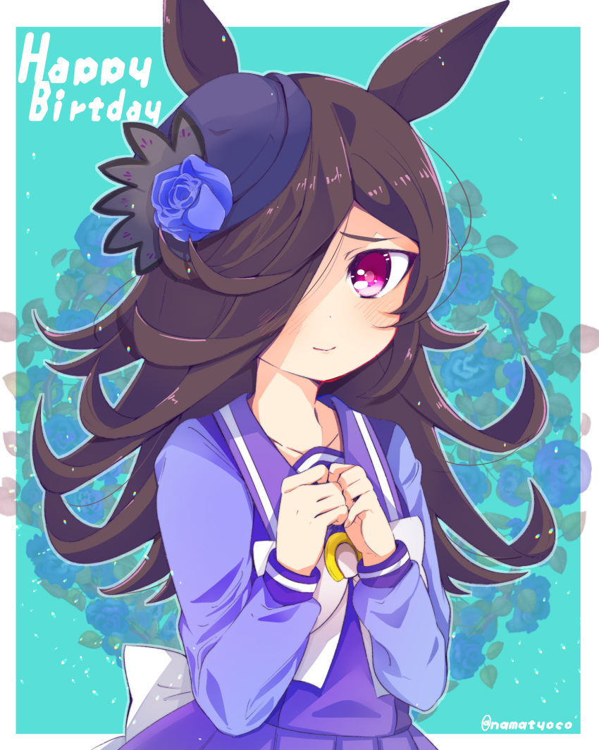 1girl animal_ears back_bow bangs birthday black_hair blue_flower blue_headwear blue_rose blue_sailor_collar blue_shirt blue_skirt border bow bowtie closed_mouth english_commentary flower hair_over_one_eye happy_birthday hat hat_flower highres horse_ears horse_girl long_bangs long_hair long_sleeves looking_at_viewer namatyoco outside_border pleated_skirt rice_shower_(umamusume) rose sailor_collar school_uniform shirt skirt smile solo tilted_headwear tracen_school_uniform twitter_username umamusume upper_body violet_eyes white_border white_bow white_bowtie winter_uniform