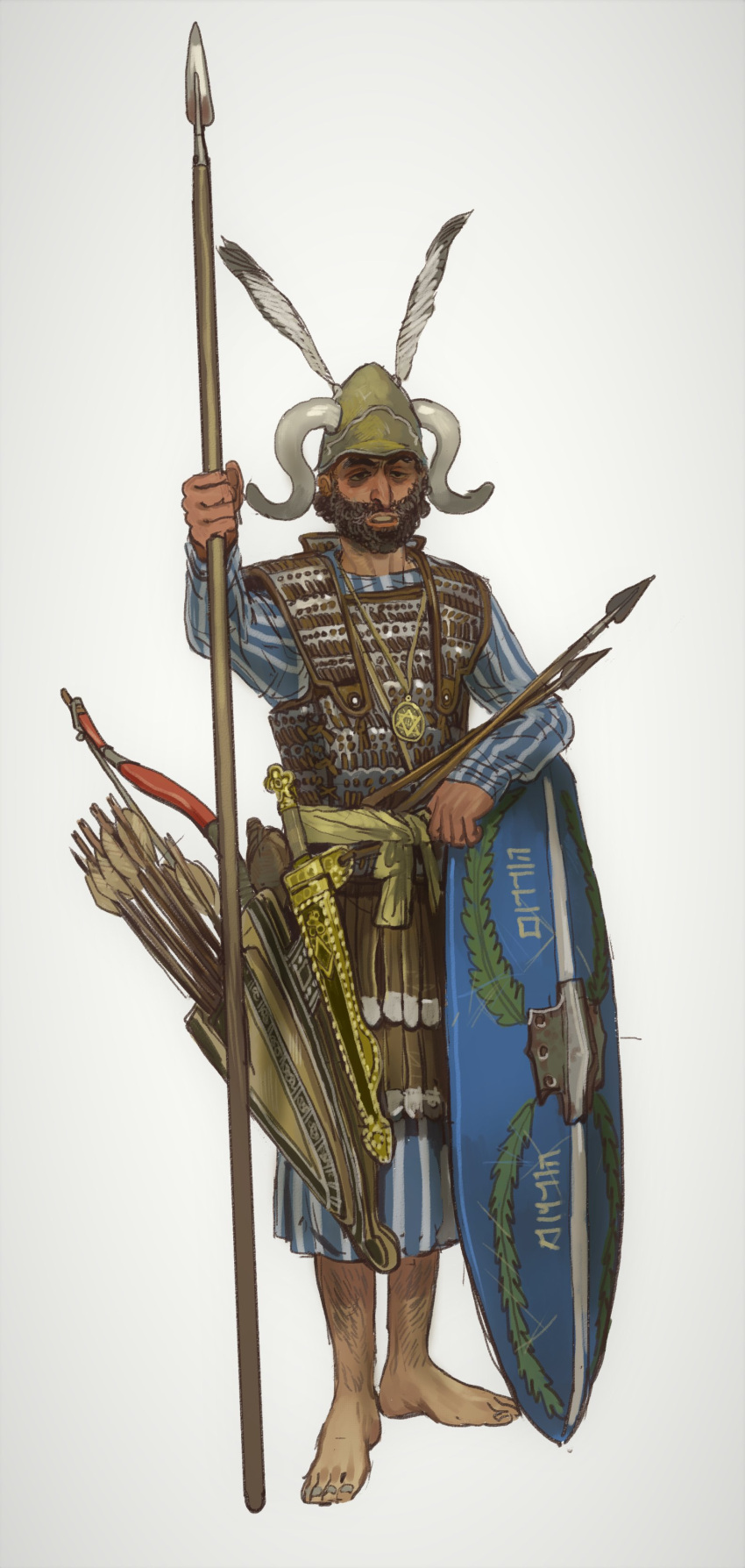 1boy absurdres armor arrow_(projectile) barefoot beard bow_(weapon) breastplate facial_hair fake_horns full_body hat_feather hebrew_text helmet hexagram highres holding holding_polearm holding_weapon horned_helmet horns javelin_(spear) jewelry long_sleeves looking_at_viewer male_focus mossacannibalis necklace original parted_lips polearm robe sash scabbard sheath simple_background solo spear standing star_of_david sword toenails tower_shield weapon white_background