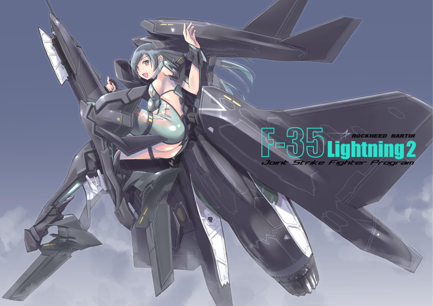 1girl absurdres breasts brown_eyes comiket_93 f-35_lightning_ii grey_hair highres large_breasts long_hair looking_at_viewer mecha_musume nenchi original personification sideboob skin_tight solo trigger_discipline very_long_hair