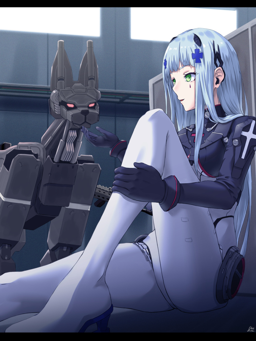 1girl bangs black_gloves blue_hair bodysuit boots breasts eyebrows_visible_through_hair flatbox girls_frontline gloves green_eyes hair_ornament hairclip headphones high_heel_boots high_heels highres hk416_(girls'_frontline) hk416_(midnight_evangelion)_(girls'_frontline) long_hair long_sleeves looking_at_object medium_breasts official_alternate_costume on_floor open_mouth pilot_suit robot_dog solo teardrop_facial_mark teardrop_tattoo tight