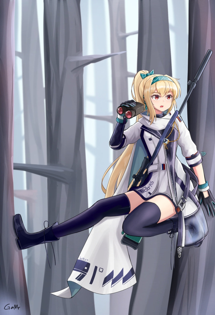 artist_name bangs binoculars black_footwear black_gloves black_legwear blonde_hair boots cape climbing_tree english_commentary eyebrows_visible_through_hair gamryous girls_frontline gloves green_hairband green_ribbon gun hair_ribbon hairband high_ponytail highres holding holding_binoculars jacket long_hair red_eyes ribbon rifle rifle_on_back russian_flag sleeves_rolled_up sniper_rifle sv-98 sv-98_(girls'_frontline) thigh-highs tree weapon white_cape white_jacket winter