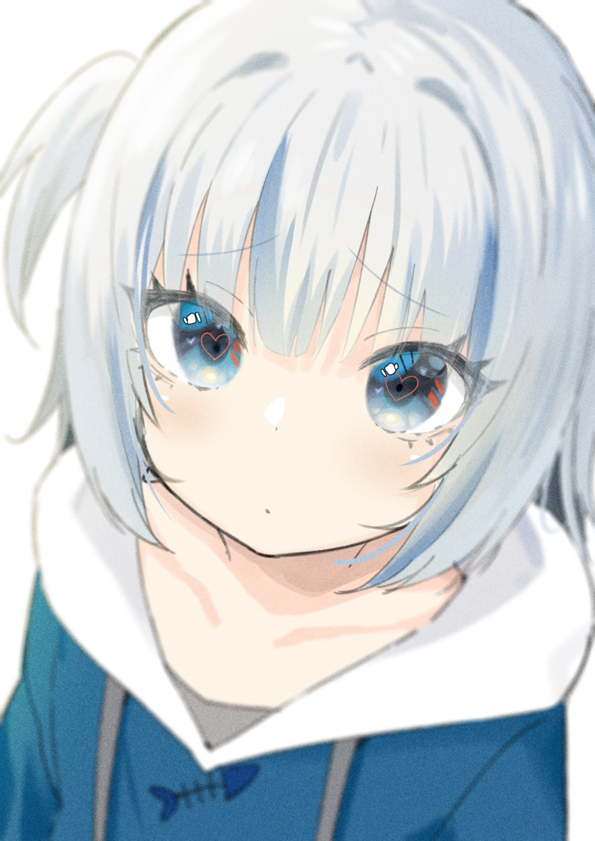 1girl bangs blue_eyes blue_hair blunt_bangs collarbone commentary dot_mouth drawstring eyebrows_visible_through_hair eyes_visible_through_hair gawr_gura heart heart-shaped_pupils highres hololive hololive_english hood hood_down hoodie long_hair looking_at_viewer multicolored_hair one_side_up simple_background sky-freedom solo streaked_hair symbol-only_commentary symbol-shaped_pupils two-tone_hair upper_body virtual_youtuber white_background white_hair