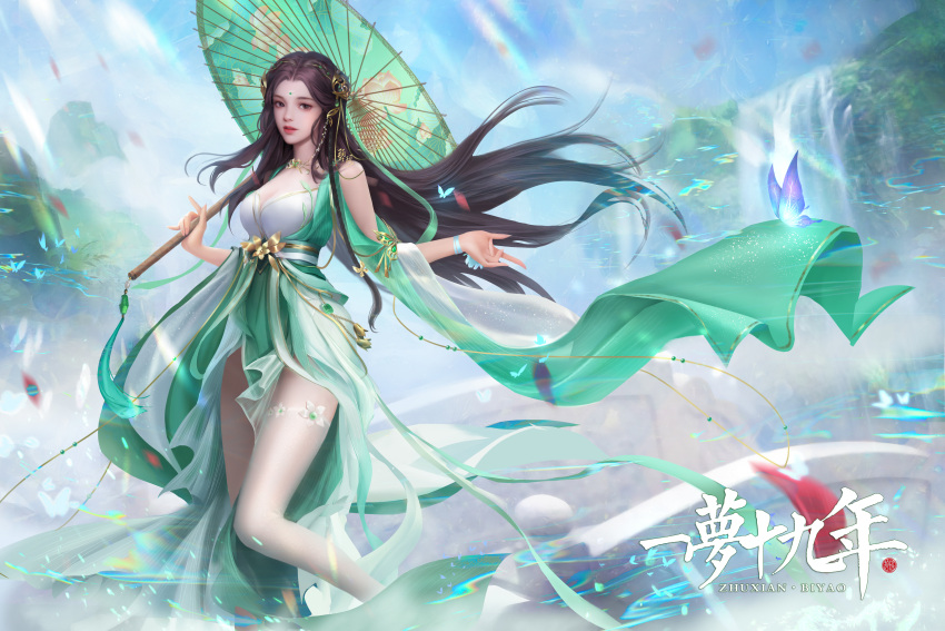 1girl absurdres asymmetrical_legwear baiguio_(zhu_xian) blue_sky blurry blurry_background brown_hair bug butterfly facial_mark forehead_mark glowing_butterfly hair_ornament highres holding holding_umbrella light long_hair mountain open_mouth sky solo umbrella upper_body water waterfall zhu_xian zi_yue_feifei