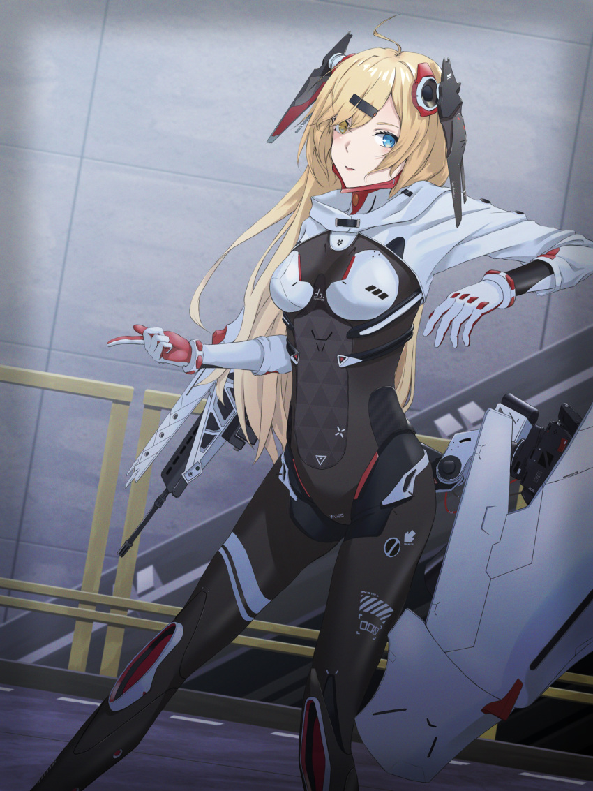 1girl bangs black_bodysuit blonde_hair blue_eyes blush bodysuit breasts closed_mouth eyebrows_visible_through_hair feet_out_of_frame flatbox girls_frontline gloves hair_ornament hairclip heterochromia highres lips long_hair long_sleeves looking_at_viewer mechanical_ears mg36_(blue_dragon_stands_above_sector_09)_(girls'_frontline) mg36_(girls'_frontline) official_alternate_costume solo standing white_gloves yellow_eyes