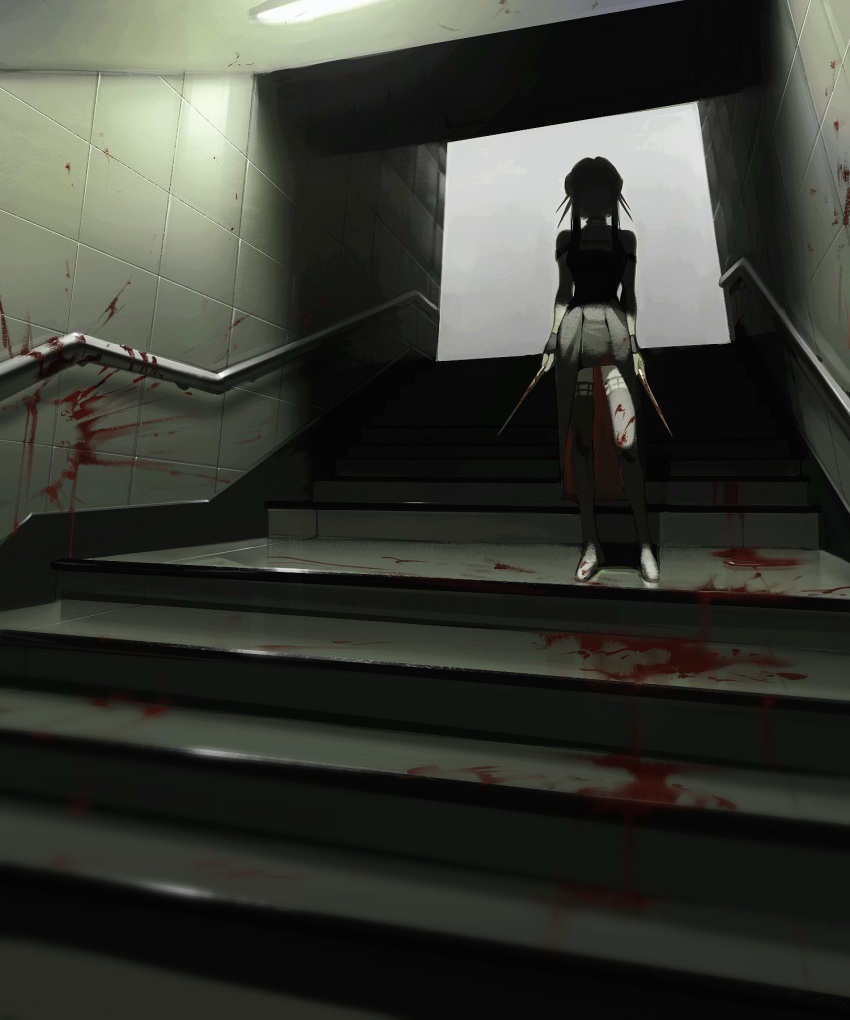 1girl arms_at_sides black_dress black_legwear blood blood_on_clothes blood_on_wall blood_on_weapon blood_splatter ceiling_light chikapuka choker dress dual_wielding facing_viewer fluorescent_lamp hair_ornament highres holding holding_weapon indoors railing shade sidelocks sleeveless sleeveless_dress solo spikes spy_x_family stairs standing thigh-highs tile_wall tiles train_(clothing) two-sided_fabric two-sided_skirt weapon wrist_cuffs yor_briar