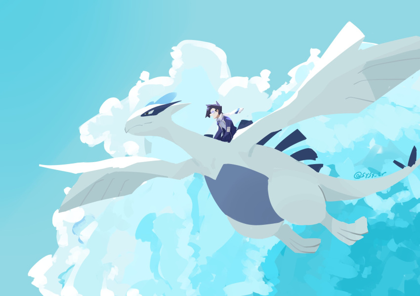 1boy black_hair clouds day ethan_(pokemon) floating_scarf flying highres jacket lugia male_focus mizumata_yonyuu official_alternate_costume outdoors pokemon pokemon_(creature) pokemon_(game) pokemon_masters_ex riding riding_pokemon scarf short_hair sky symbol-only_commentary twitter_username white_scarf