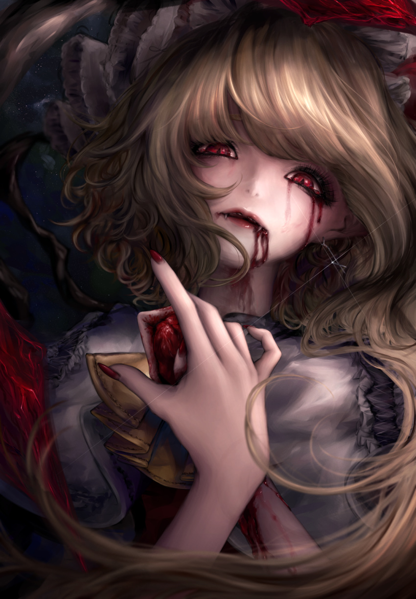 1girl bangs blonde_hair blood blood_on_clothes blood_on_face blood_on_hands crystal dark_background eyebrows_behind_hair eyelashes fangs fingernails flandre_scarlet guro hat hat_ribbon heart_(organ) highres lips long_fingernails long_hair looking_at_viewer mizuhichi mob_cap nail_polish puffy_short_sleeves puffy_sleeves realistic red_eyes red_nails ribbon short_sleeves slit_pupils solo swept_bangs touhou upper_body vampire wings