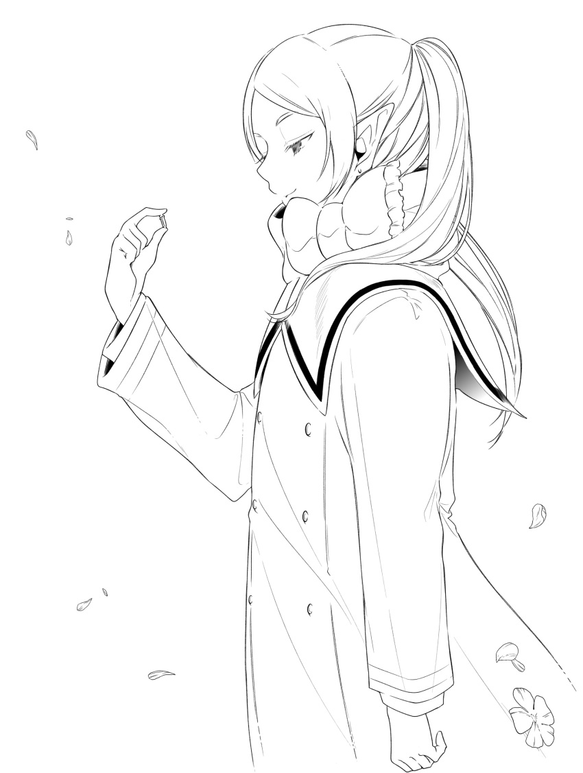 1girl absurdres arm_at_side buttons closed_mouth coat double-breasted earrings elf eyelashes flower frieren hair_over_shoulder half-closed_eyes highres holding jewelry long_hair long_sleeves monochrome petals pointy_ears profile sachinyopo scarf simple_background smile solo sousou_no_frieren twintails upper_body wind