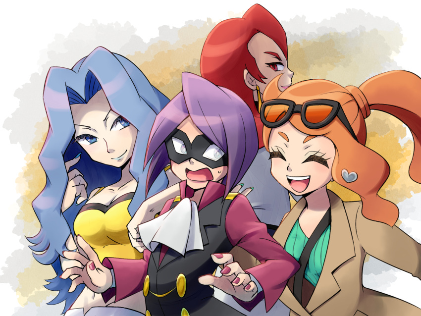 1boy 3girls aqua_nails ariana_(pokemon) ascot blue_eyes blue_hair brown_jacket buttons closed_eyes closed_mouth commentary_request double-breasted embarrassed eye_mask eyewear_on_head fingernails glasses hand_on_another's_back highres hiichi_(hnt1aa) jacket karen_(pokemon) lipstick long_hair long_sleeves looking_at_another makeup mask medium_hair midriff multiple_girls nail_polish navel open_mouth orange_hair pink_nails pokemon pokemon_(game) pokemon_masters_ex purple_hair red_eyes redhead short_hair side_ponytail smile sonia_(pokemon) stomach surprised sweatdrop vest will_(pokemon)