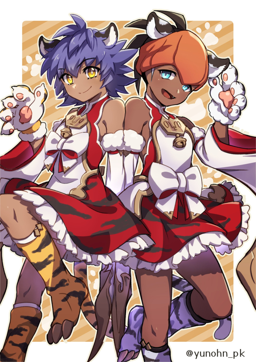 2boys :d absurdres animal_ears animal_hands bangs bare_shoulders bell blue_eyes bow closed_mouth commentary_request crossdressing dark-skinned_male dark_skin dress eyebrows_visible_through_hair fang frills gloves hand_up headband highres knees leg_up leon_(pokemon) looking_at_viewer male_focus multiple_boys open_mouth orange_headband paw_gloves paw_shoes pokemon pokemon_(game) pokemon_swsh raihan_(pokemon) short_hair smile split_mouth tongue white_bow younger yunoru