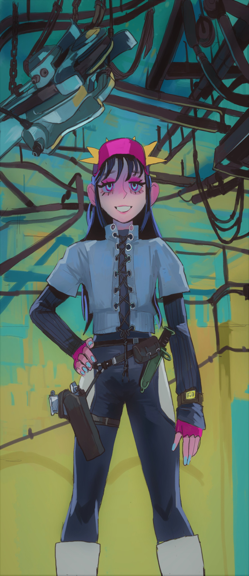 1girl absurdres blue_hair blue_jacket blue_pants commentary commission copyright_request dagger english_commentary gun handgun highres holster jacket knife layered_sleeves long_hair long_sleeves looking_at_viewer mossacannibalis pants pistol pouch ringed_eyes short_over_long_sleeves short_sleeves smile solo standing visor_cap weapon