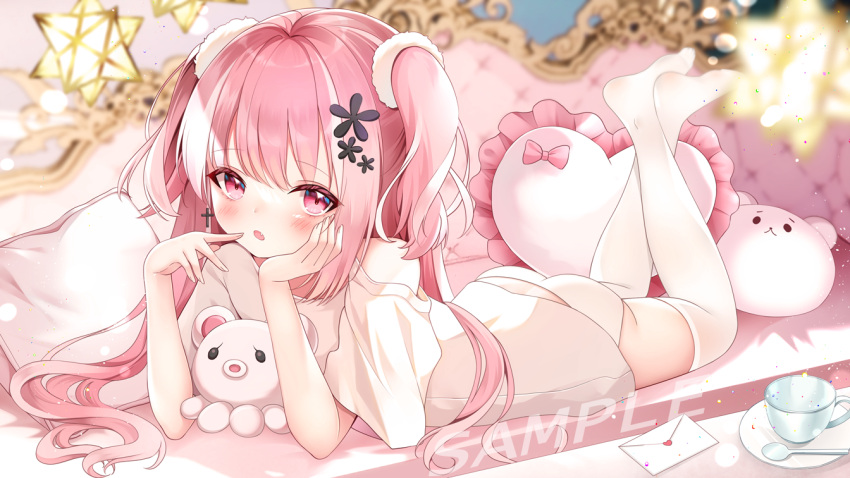 1girl ass blush chill-tiamo couch cup fang finger_to_mouth head_rest legs legs_up letter loli long_hair looking_at_viewer lying no_pants no_shoes on_stomach open_mouth original panties pillow pink_eyes pink_hair saucer shirt short_sleeves soles solo spoon teacup thigh-highs thighs two_side_up underwear white_legwear white_panties white_shirt