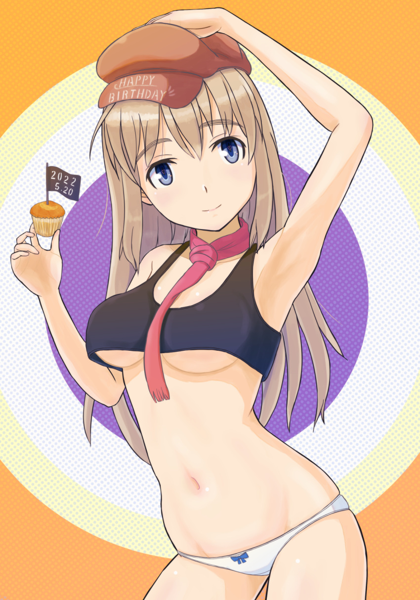 1girl armpits birthday black_tank_top blonde_hair blue_eyes blush breasts closed_mouth collarbone dated eyebrows_visible_through_hair food happy_birthday hat highres keicha_(kmoekaki) long_hair looking_at_viewer medium_breasts muffin navel no_bra panties red_scarf scarf shiny shiny_hair shiny_skin skindentation smile solo standing strike_witches tank_top under_boob underwear white_panties wilma_bishop world_witches_series