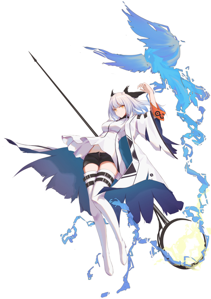1girl absurdres arknights arm_up armband belt bird blue_fire boots breasts coat dress fire floating flying_animal full_body highres holding holding_staff orange_eyes owl ptilopsis_(arknights) shorts smile solo spirit staff thigh_boots torn_clothes torn_coat white_background white_coat white_dress white_hair white_legwear wuzhuang_caikuangche