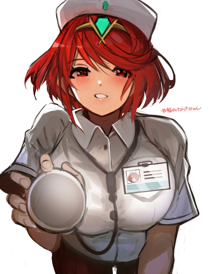 absurdres bare_arms blush breasts hat highres holding id_card large_breasts looking_at_viewer name_tag nurse nurse_cap pyra_(xenoblade) red_eyes redhead shirt short_hair signature smile stethoscope tarbo_(exxxpiation) white_shirt xenoblade_chronicles_(series) xenoblade_chronicles_2