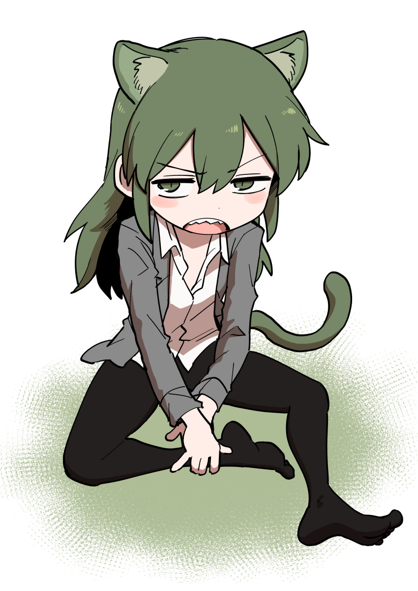 1girl absurdres animal_ears black_legwear blush_stickers cat_ears cat_girl cat_tail collared_shirt full_body green_eyes green_hair grey_jacket hair_down highres igarashi_futaba_(shiromanta) jacket long_hair no_shoes open_clothes open_jacket open_mouth pantyhose senpai_ga_uzai_kouhai_no_hanashi sharp_teeth shiromanta shirt sitting solo tail teeth white_shirt