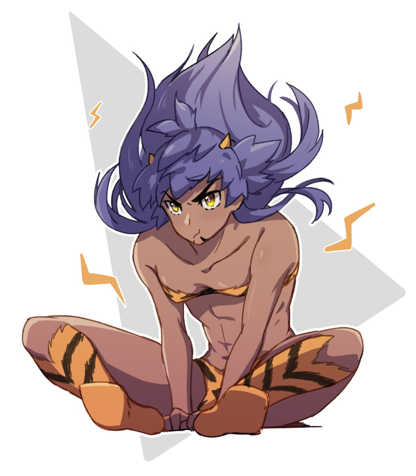 1boy :t abs bangs bare_arms boots closed_mouth collarbone commentary_request floating_hair full_body highres leon_(pokemon) long_hair male_focus male_underwear orange_footwear orange_male_underwear pectoral_cleavage pectorals pokemon pokemon_(game) pokemon_swsh pout purple_hair sitting solo toned toned_male underwear yellow_eyes yunoru