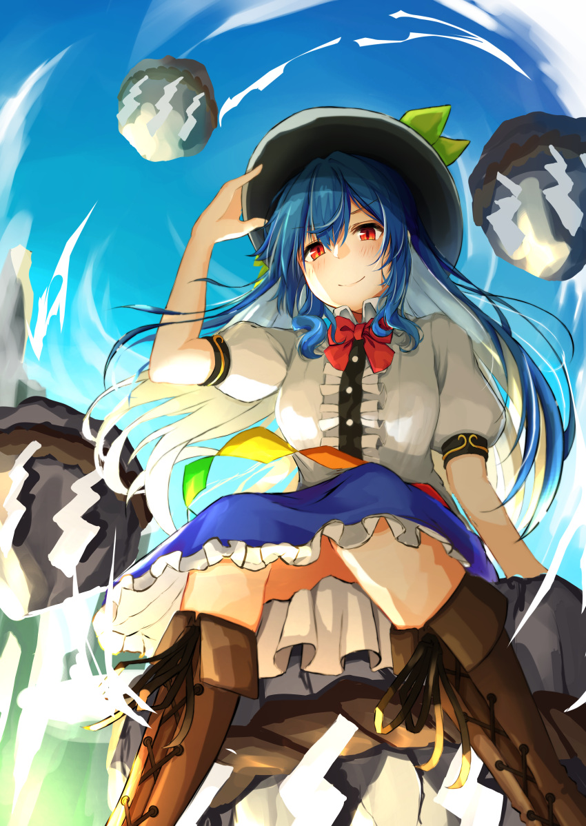 1girl absurdres bangs black_headwear blue_hair blue_skirt blue_sky boots bow bowtie brown_footwear center_frills closed_mouth commentary_request eyebrows_visible_through_hair frilled_skirt frills from_below hand_on_headwear hat highres hinanawi_tenshi hira-san leaf leaf_hat_ornament long_hair looking_at_viewer looking_down outdoors puffy_short_sleeves puffy_sleeves rainbow_order red_bow red_bowtie red_eyes rock rope shide shimenawa shirt short_sleeves sitting skirt sky smile solo touhou white_shirt