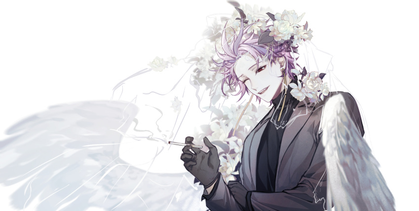 1boy ;d absurdres black_gloves black_sweater chinese_commentary cigarette earrings eyebrows_behind_hair fang feathered_wings feathers flower gloves grey_jacket highres holding holding_cigarette jacket jewelry long_sleeves one_eye_closed open_clothes open_jacket open_mouth purple_hair qianyeluoxue red_eyes saibou_shinkyoku short_hair smile smoke solo sweater theodore_riddle turtleneck turtleneck_sweater white_background white_flower white_wings wings