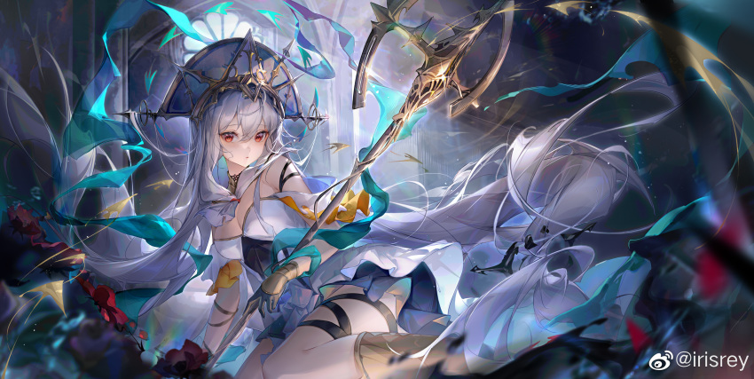 1girl absurdres arknights bangs bare_shoulders black_ribbon chinese_commentary commentary_request dress gloves hair_between_eyes headdress highres irisrey leg_ribbon long_hair looking_at_viewer red_eyes ribbon skadi_(arknights) skadi_the_corrupting_heart_(arknights) skadi_the_corrupting_heart_(sublimation)_(arknights) solo very_long_hair white_dress white_hair