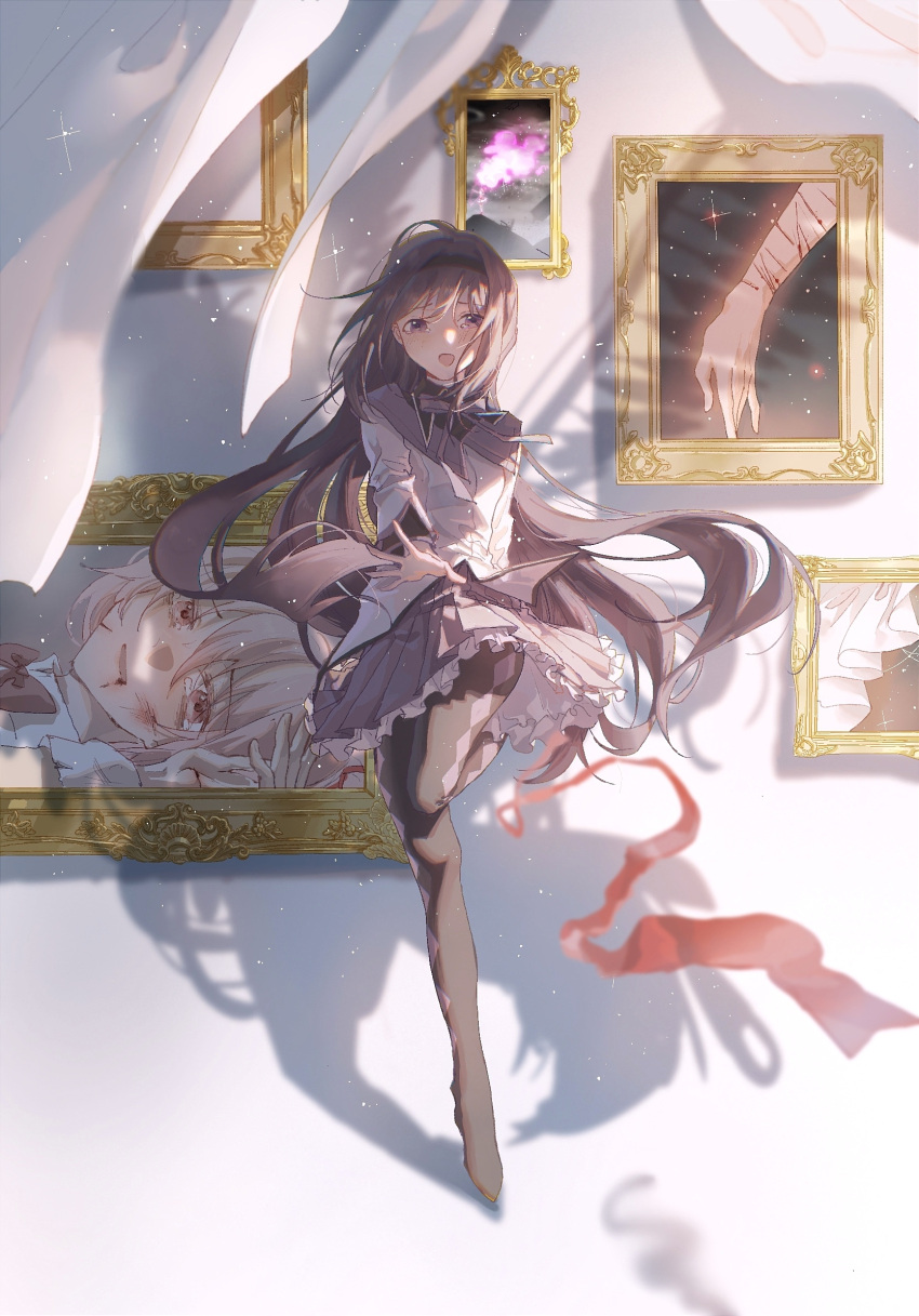 1girl akemi_homura black_hair black_hairband black_legwear chinese_commentary commentary_request curtains frilled_skirt frills full_body hairband highres jacket kaname_madoka lan2546426 light_blush long_hair looking_at_viewer mahou_shoujo_madoka_magica neck_ribbon open_mouth outstretched_arm painting_(object) pantyhose picture_frame purple_skirt reaching red_ribbon ribbon skirt solo standing standing_on_one_leg tears violet_eyes white_jacket
