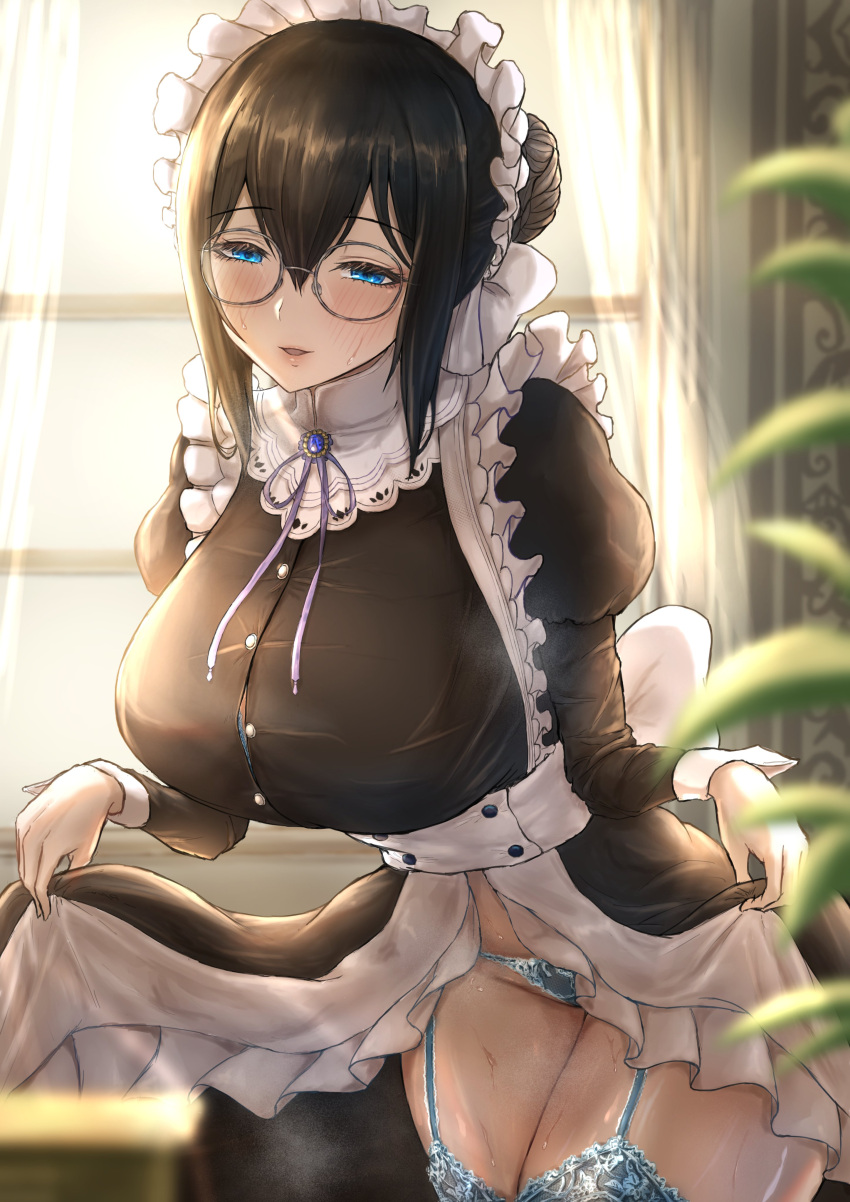 1girl absurdres alternate_costume bespectacled black_hair blue_eyes blue_panties blush breasts closed_mouth clothes_lift commentary_request enmaided eyebrows_visible_through_hair garter_straps glasses hand_up highres idolmaster idolmaster_cinderella_girls indoors juliet_sleeves large_breasts lifted_by_self long_sleeves looking_at_viewer maid maid_headdress panties plant puffy_sleeves round_eyewear sagisawa_fumika shaddoll_fusion skirt skirt_lift smile solo sunlight table taut_clothes thigh-highs underwear window