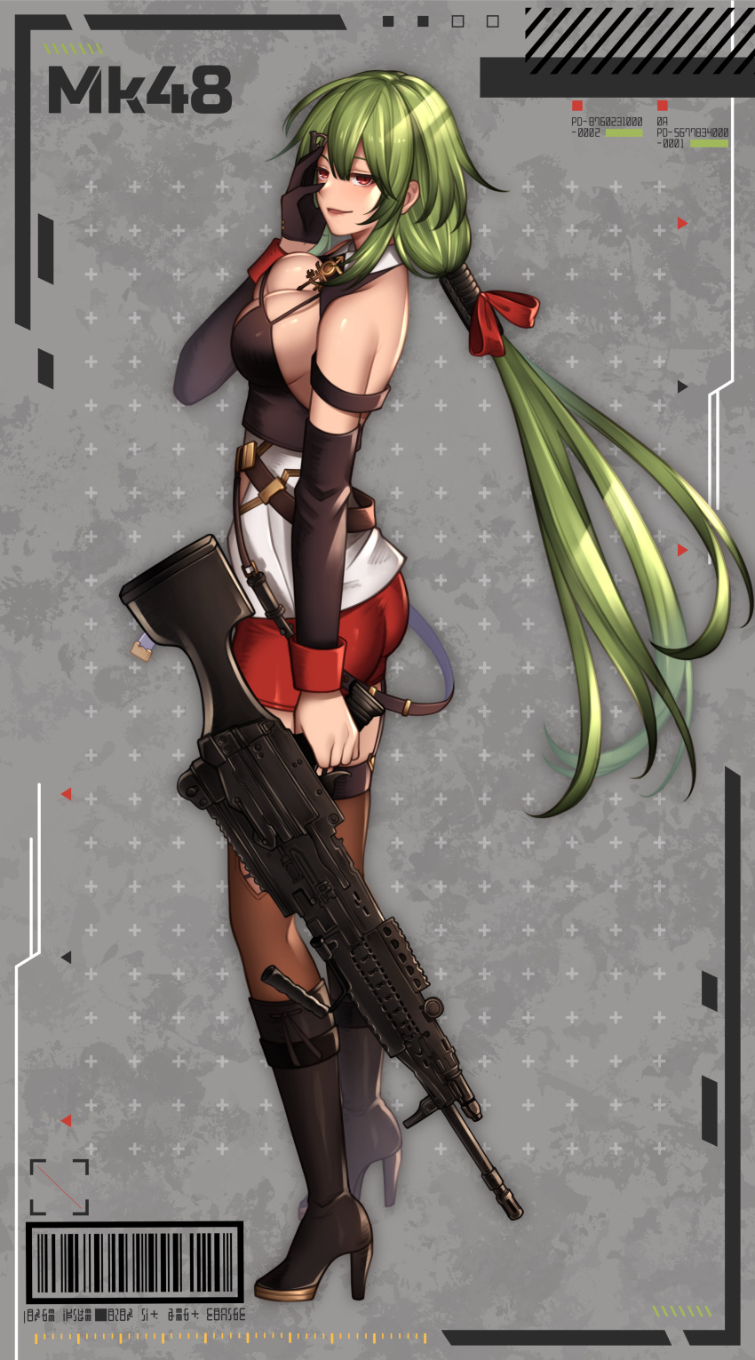1girl absurdres annno_ans back bangs barcode bare_shoulders black_footwear black_gloves black_legwear blush boots breasts character_name commentary commission crop_top eyebrows_visible_through_hair full_body girls_frontline gloves green_hair gun hair_ornament hairclip hand_on_own_face high_heel_boots high_heels highres holding holding_gun holding_weapon large_breasts legs long_hair looking_at_viewer looking_to_the_side machine_gun mk48 mk48_(girls'_frontline) open_mouth parted_lips ponytail red_eyes red_shorts shorts sideboob simple_background single_glove skeb_commission sleeveless smirk solo standing thigh-highs weapon